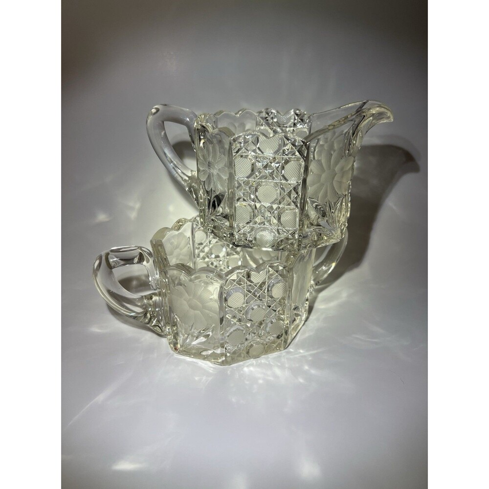 1920s Daisy Cut EAPG Heavy Glass Creamer & Sugar Sawtooth Rim McKee Innovation